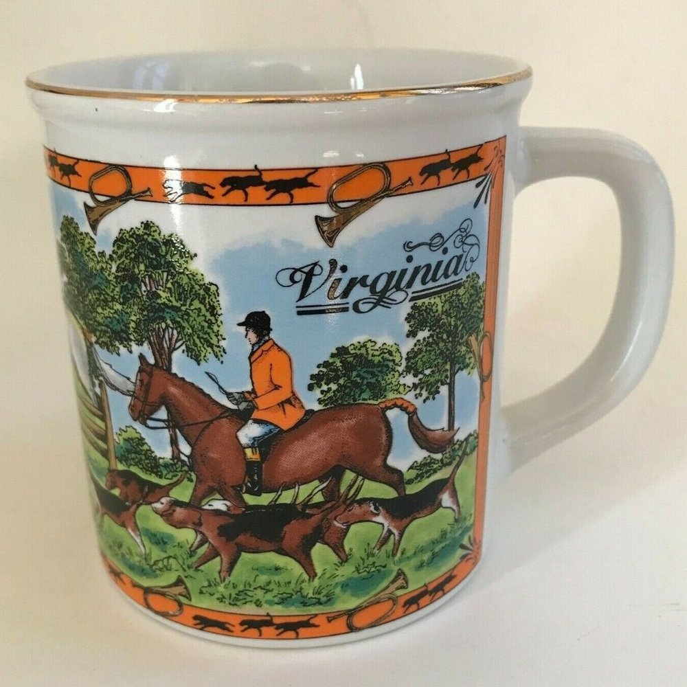 Coffee Mug VIRGINIA Horse Equestrian Dog Hunt Bugle Gold Trim Japan NICE